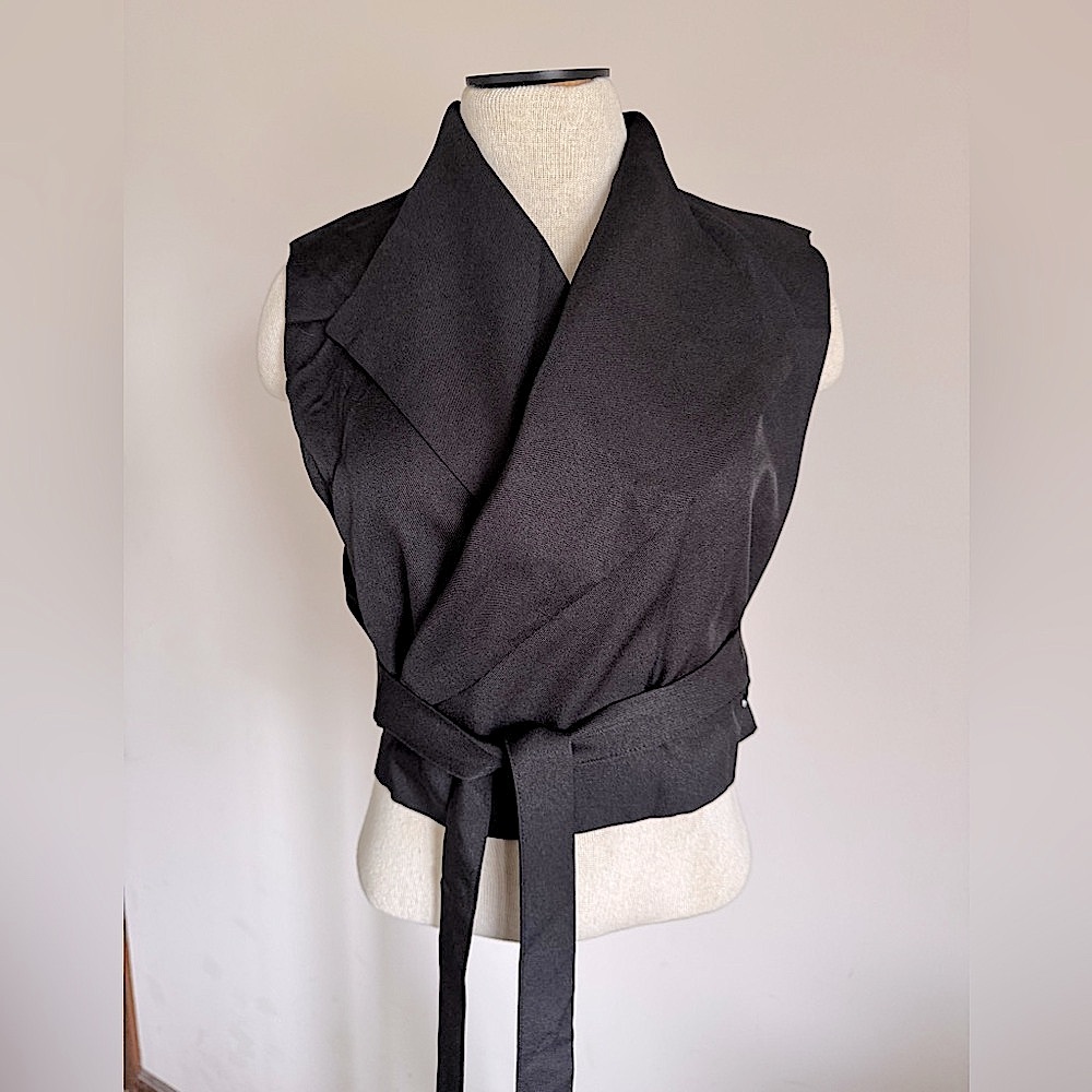 Marigold Shadows Black Crossover Asymmetrical Suit Vest Cropped with Belt NEW